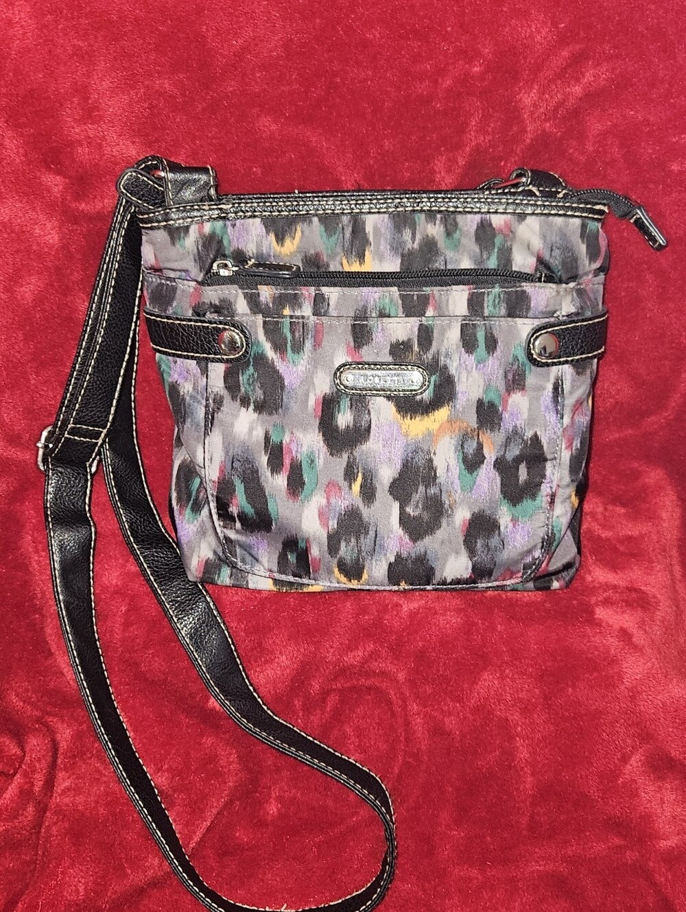 Rosetti Multicolor Animal Print Nylon Crossbody w/ Faux Leather Black Trim